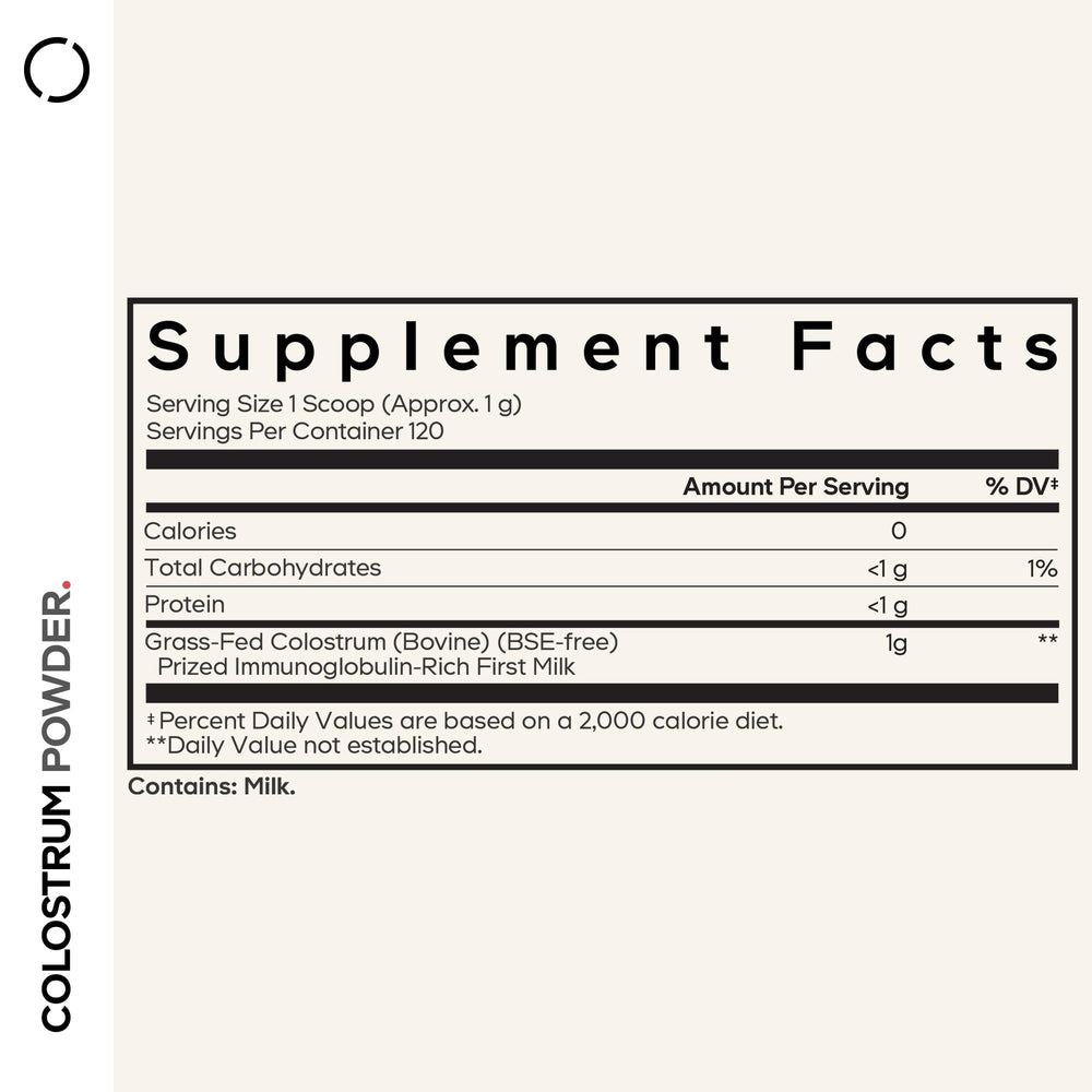Codeage colostrum powder being poured for easy daily use.