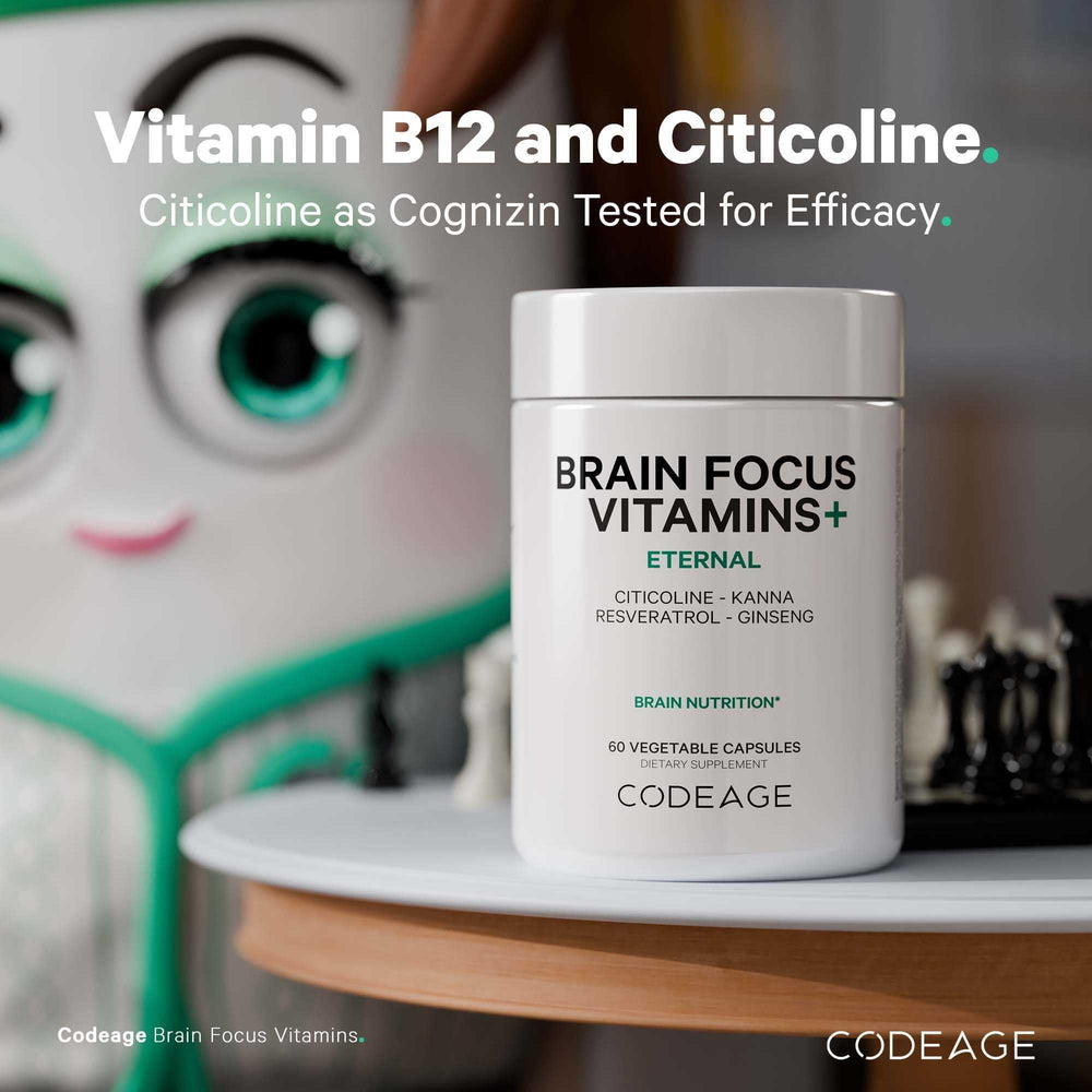 Codeage Brain Focus label detail highlighting vegan, non-GMO formulation.