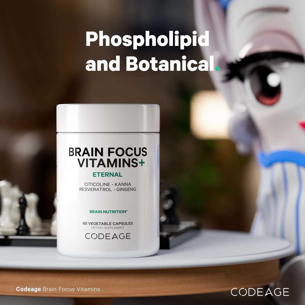 Codeage Brain Focus Resveratrol graphic signaling antioxidant-inspired support.