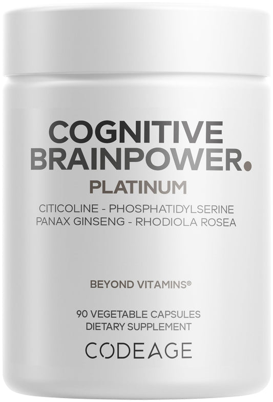 Codeage Brainpower Platinum bottle label highlighting Cognizin citicoline for focus