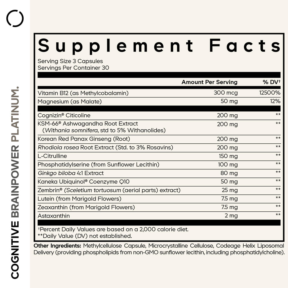 Codeage Brainpower Platinum capsules arranged for comprehensive cognitive support