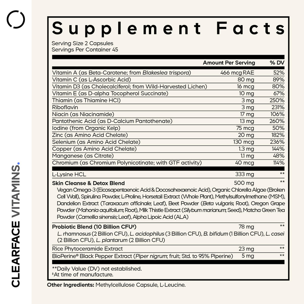 Codeage Clearface label closeup highlights key vitamins for radiant skin