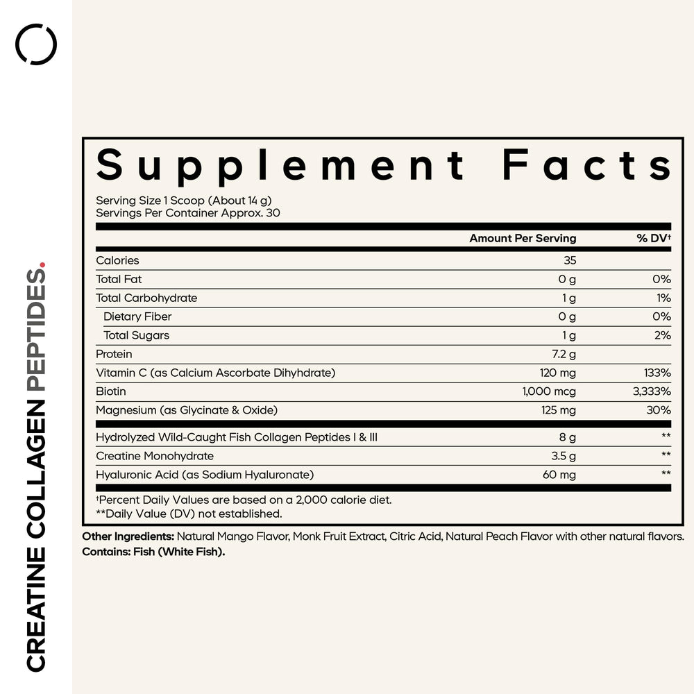 Codeage Creatine Collagen Peptides label closeup highlighting high-quality ingredients.