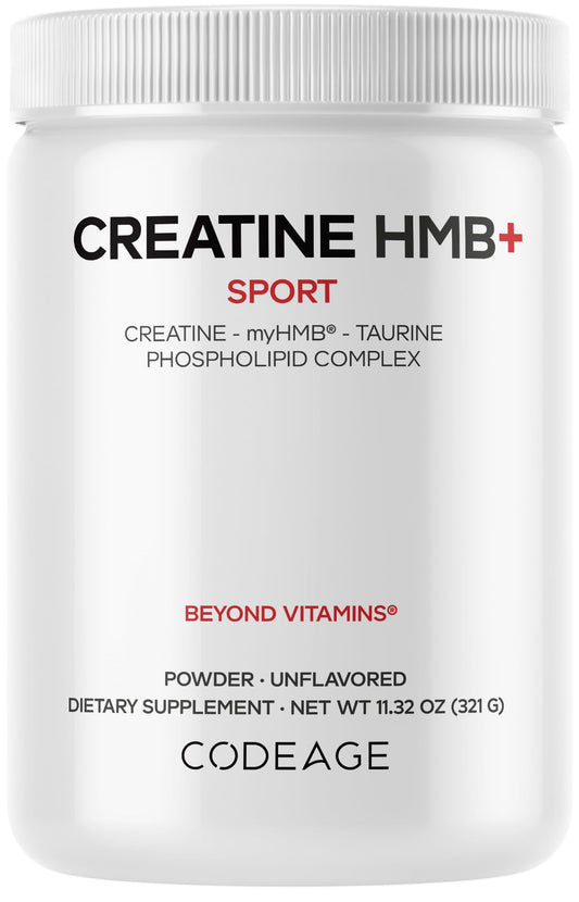 Codeage Creatine HMB+ powder bottle pour for easy pre or post workout mixing.