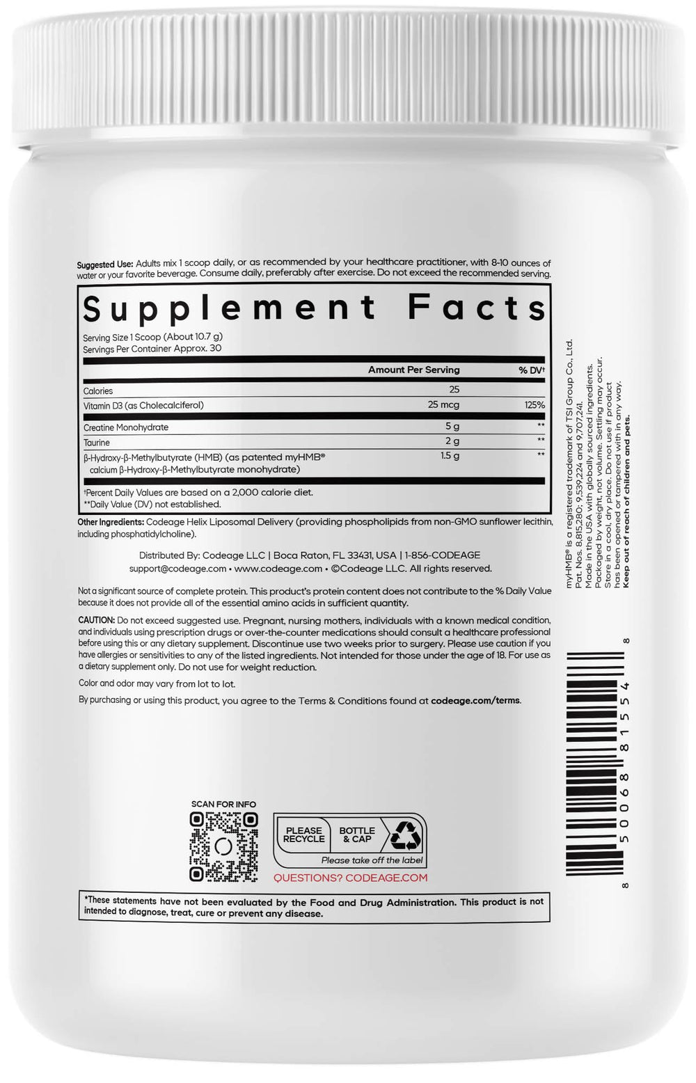 Codeage Creatine HMB+ powder with scoop beside jar highlights convenient daily serving.