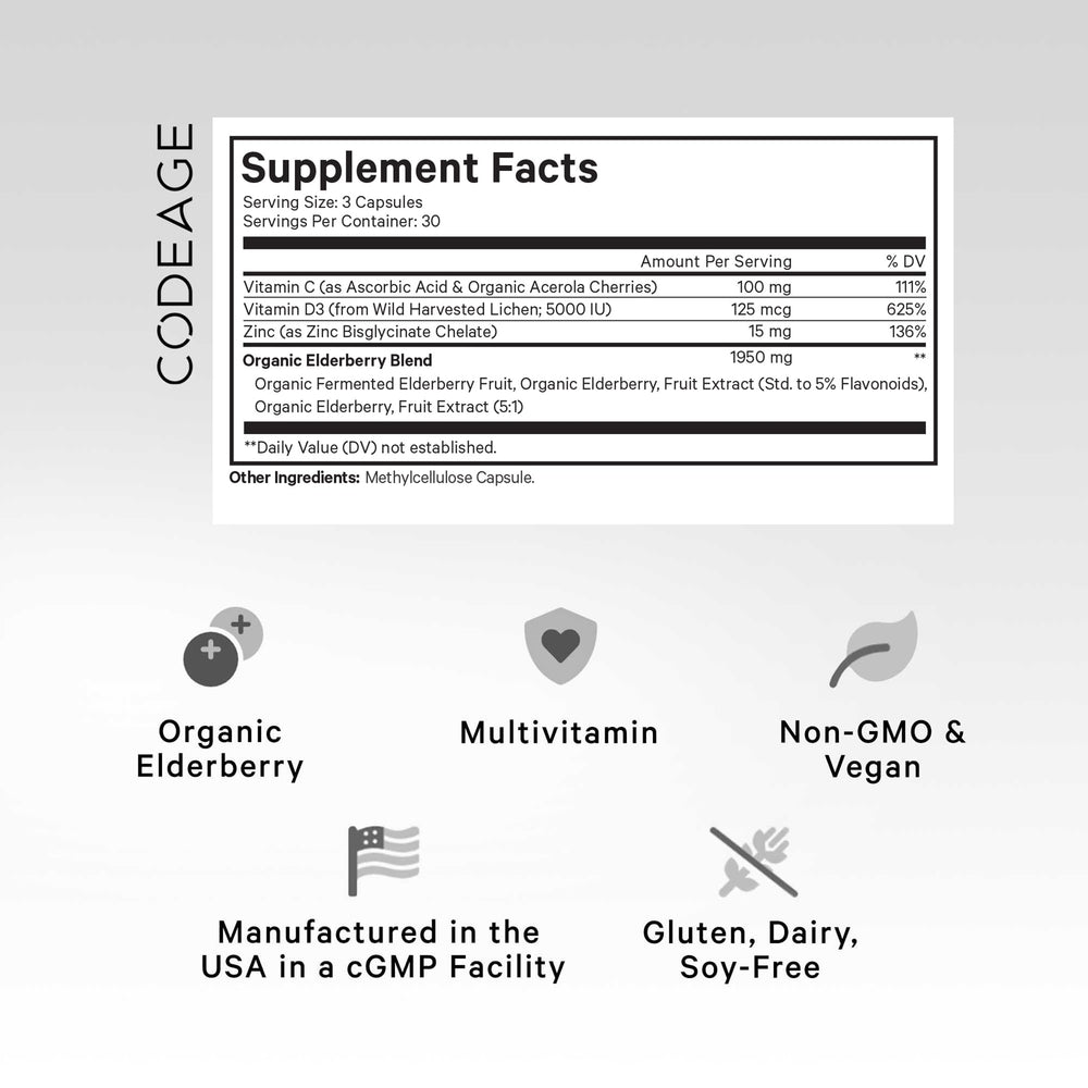 Codeage Elderberry Vitamins label detail emphasizes natural ingredients for daily balance.