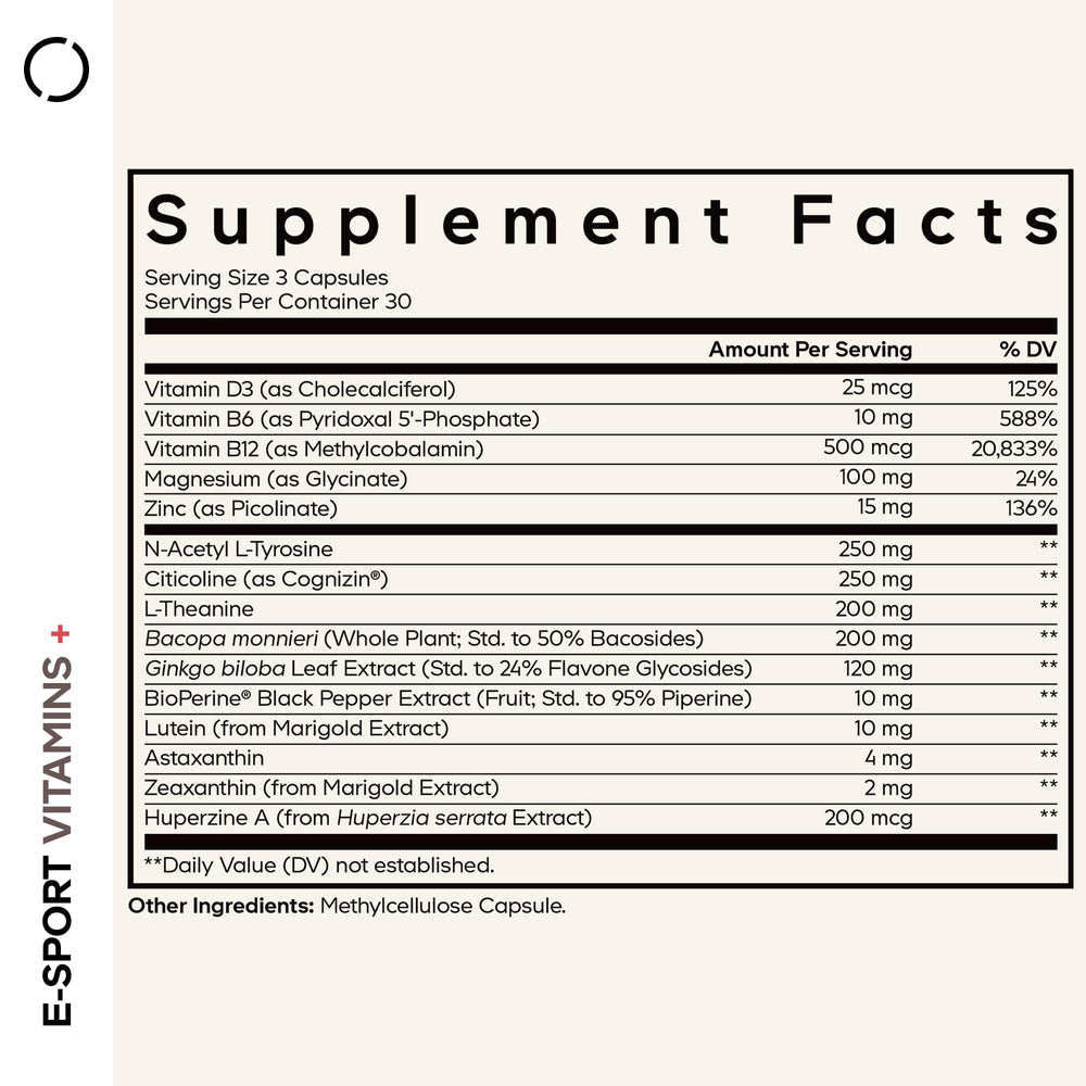 Codeage E-Sport Vitamins+ capsules close-up, hinting at daily nootropic support.