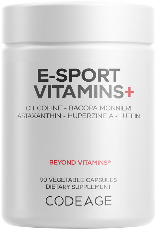 Codeage E-Sport Vitamins+ bottle ready for gaming sessions, suggesting focus potential.
