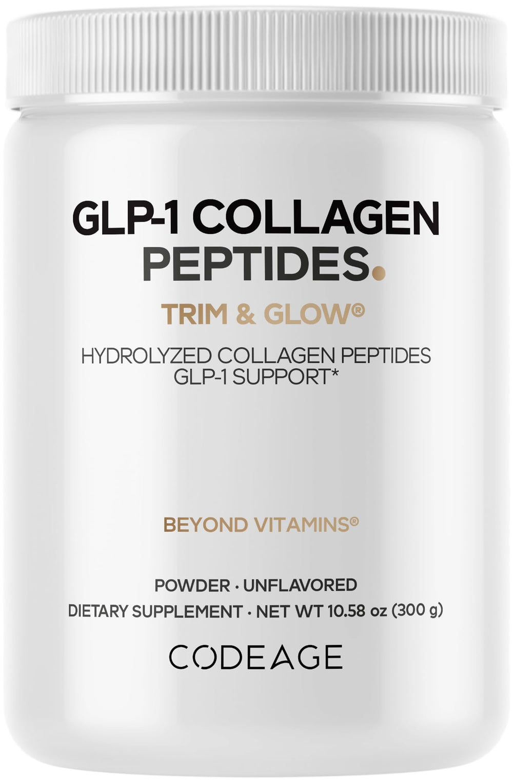 Codeage GLP-1 Collagen Powder tub with grass-fed peptides for daily use.