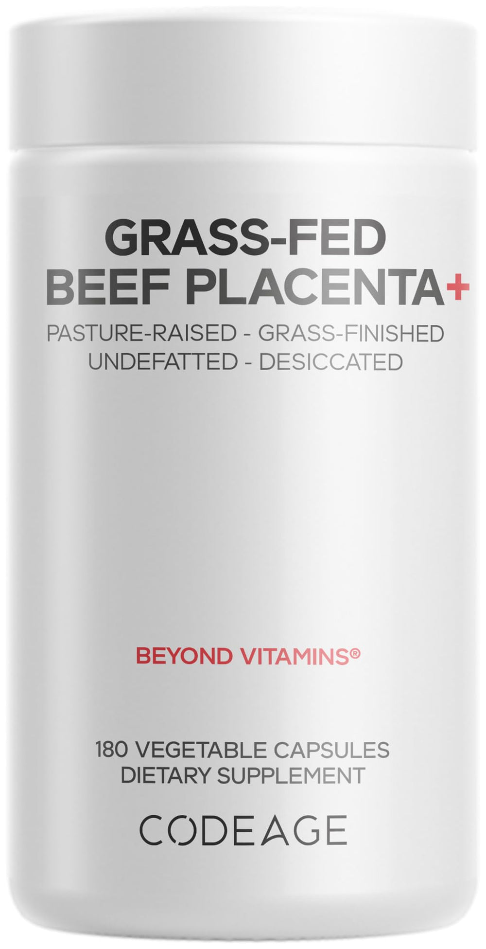 Codeage Grass-Fed Beef Placenta bottle close-up, premium pasture-raised formula.