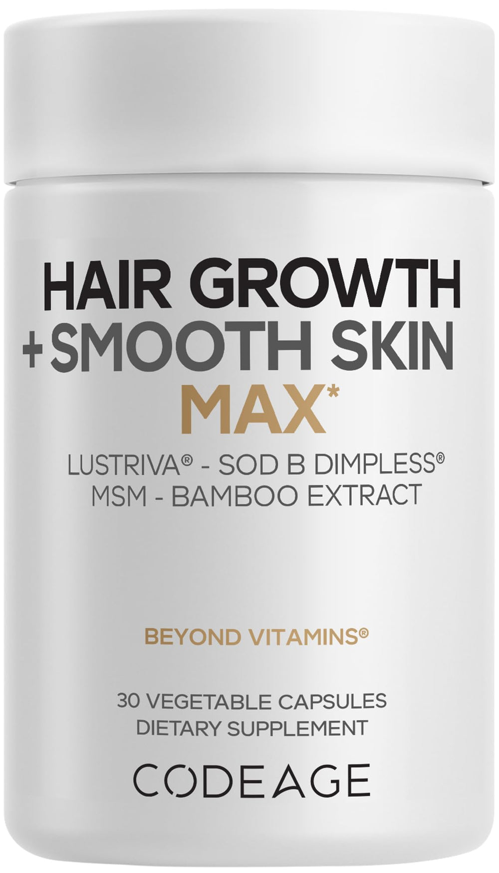 Codeage Hair Growth and Smooth Skin Max bottle front shows modern packaging for daily support