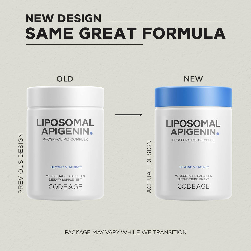 Codeage Liposomal Apigenin bottle label highlights vegan, gluten-free formula