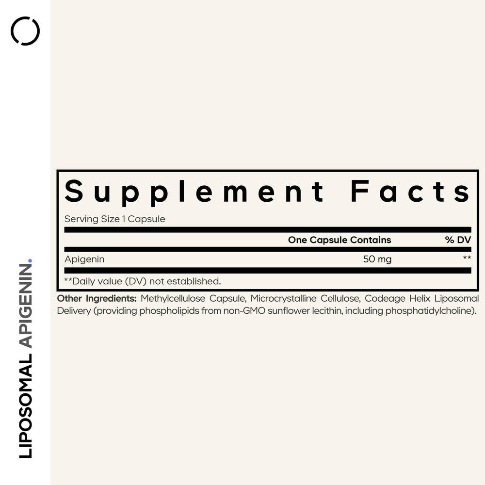 Codeage Liposomal Apigenin capsule closeup showing chamomile-derived flavonoid