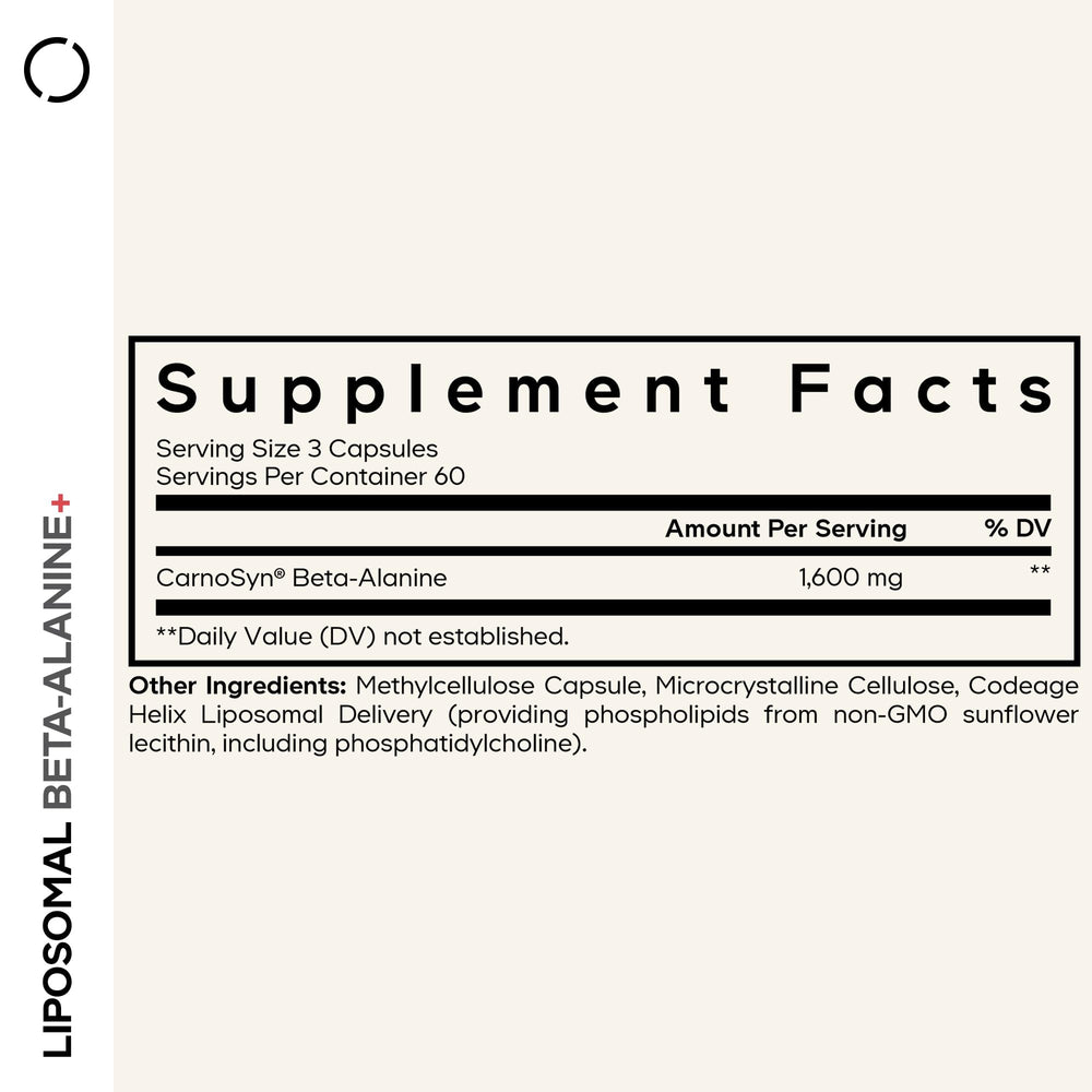Codeage Liposomal Beta-Alanine bottle back label emphasizing CarnoSyn beta-alanine benefits