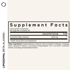 Codeage Liposomal Beta-Alanine bottle back label emphasizing CarnoSyn beta-alanine benefits