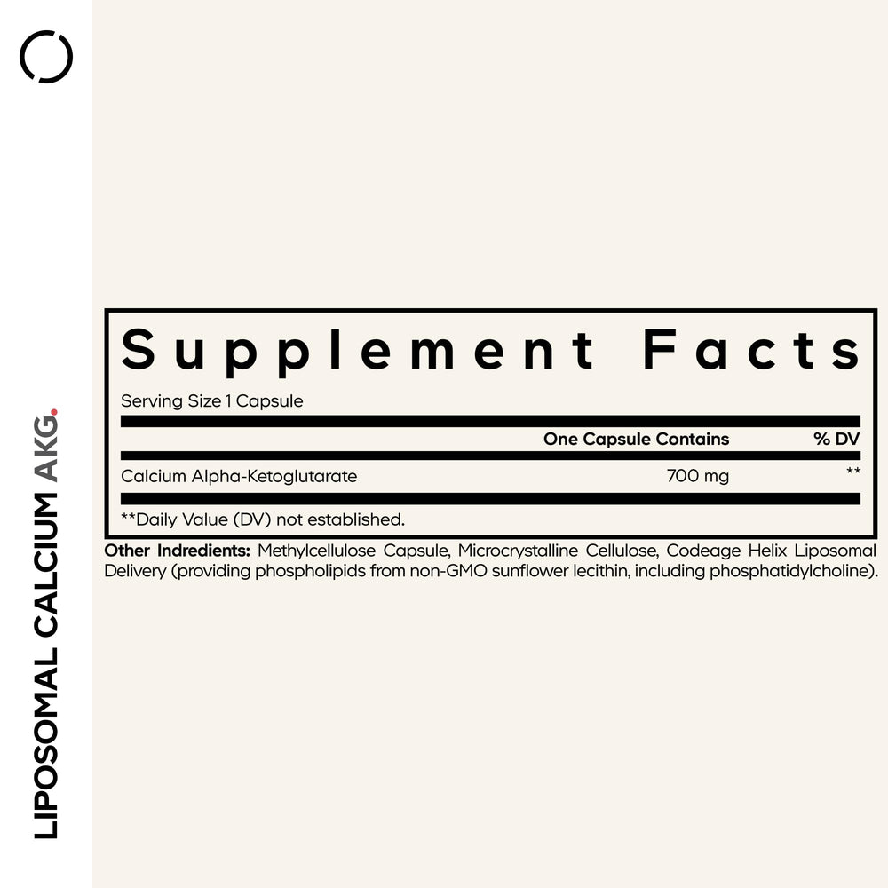 Codeage Liposomal Calcium AKG capsule closeup emphasizing easy-to-swallow daily use.