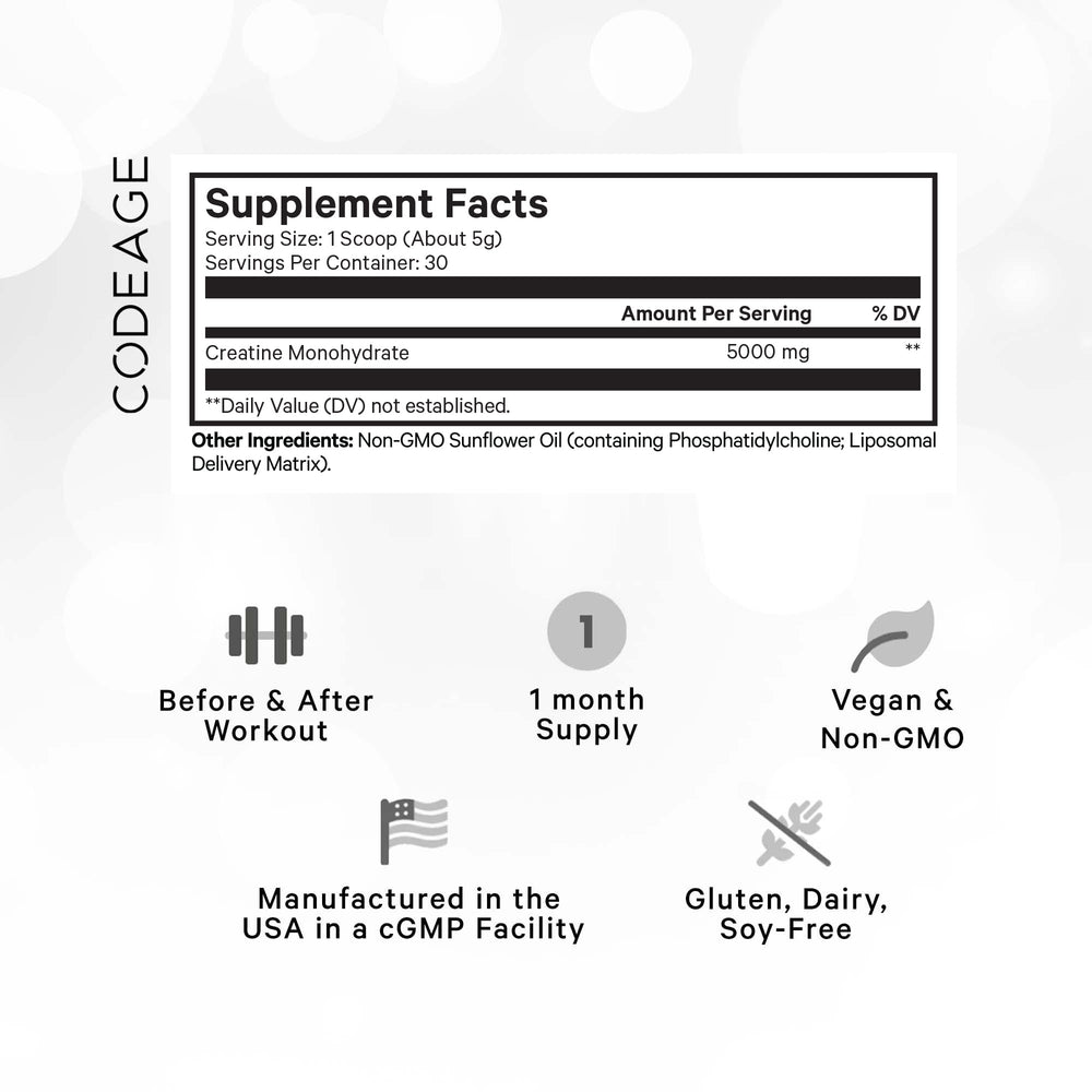 Codeage Liposomal Creatine bottle back reveals purity-focused ingredients.