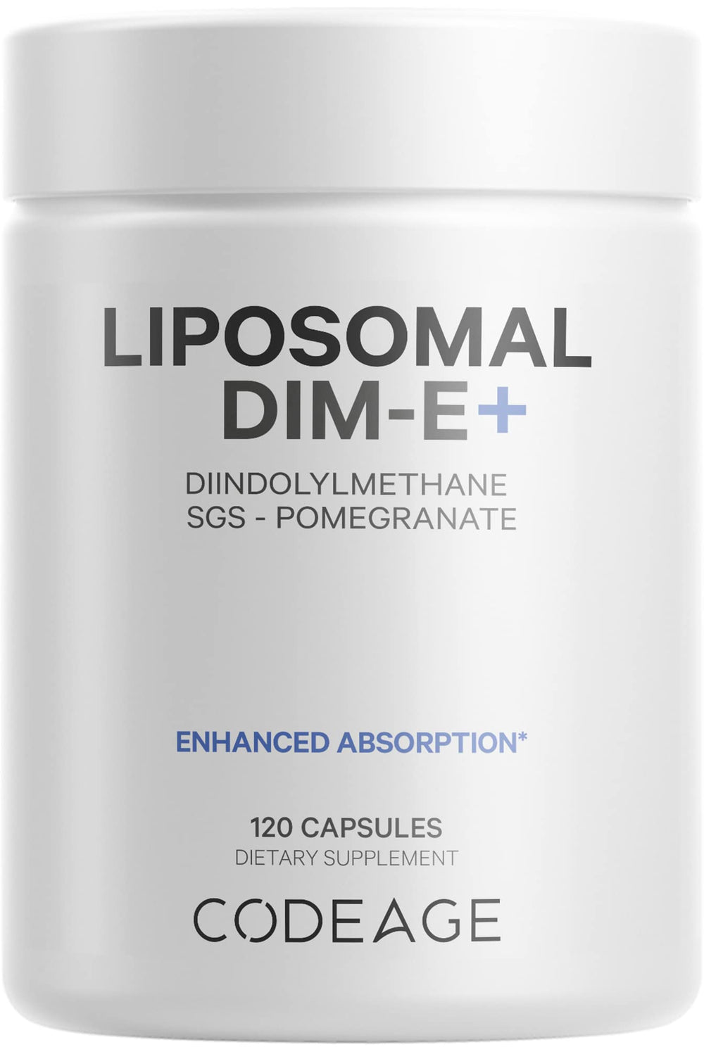 Codeage Liposomal DIM-E+ bottle displayed on a clean shelf, highlighting vegan, gluten-free formulation.