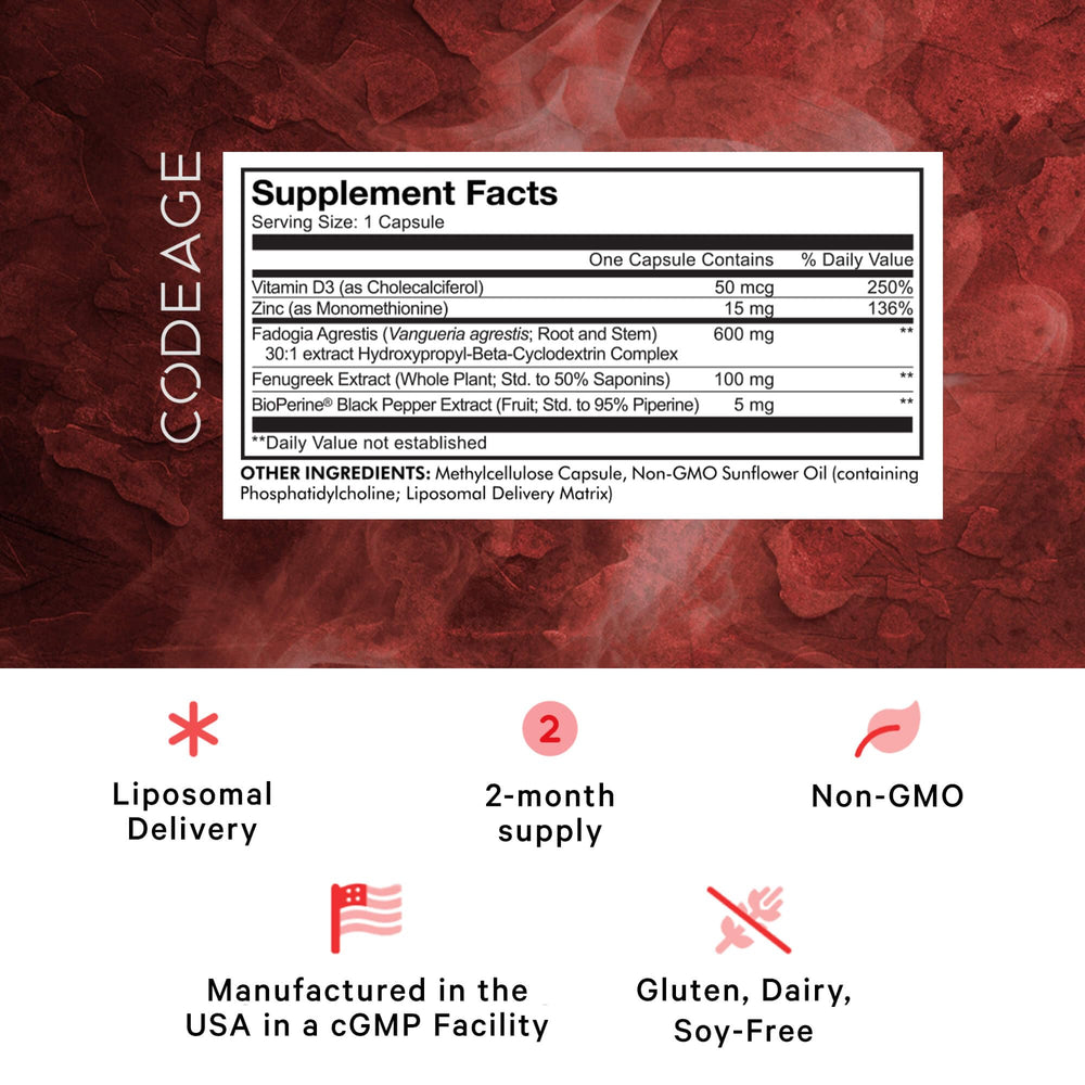 Codeage Liposomal Fadogia Agrestis capsules close-up for convenient daily supplementation.