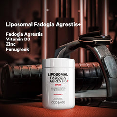 Codeage Liposomal Fadogia Agrestis bottle highlighting Vitamin D3 and Zinc inclusion.