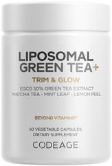 Codeage Liposomal Green Tea+ bottle showcases liposomal delivery for enhanced absorption.