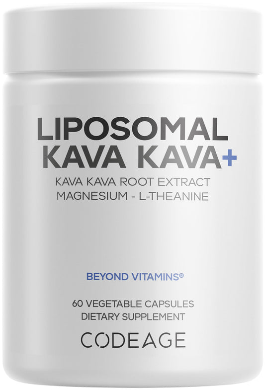 Codeage Liposomal Kava Kava 500mg bottle promotes daily relaxation potential.