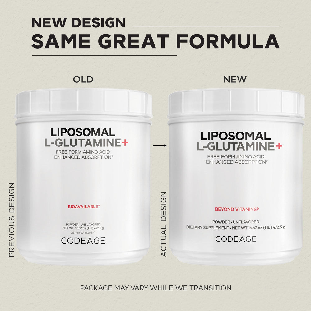 Codeage liposomal L-glutamine powder bottle with clean label.