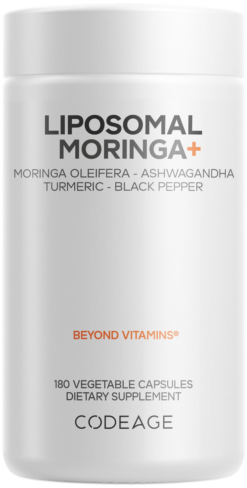 Codeage Liposomal Moringa+ bottle front view for daily vegan wellness