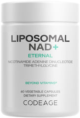 Codeage Liposomal NAD+ bottle cap shows 500 mg per serving for daily use