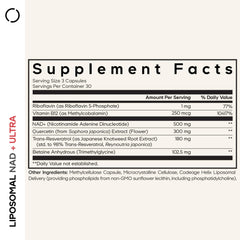 Codeage Liposomal NAD+ Ultra bottle label featuring quercetin and resveratrol ingredients.