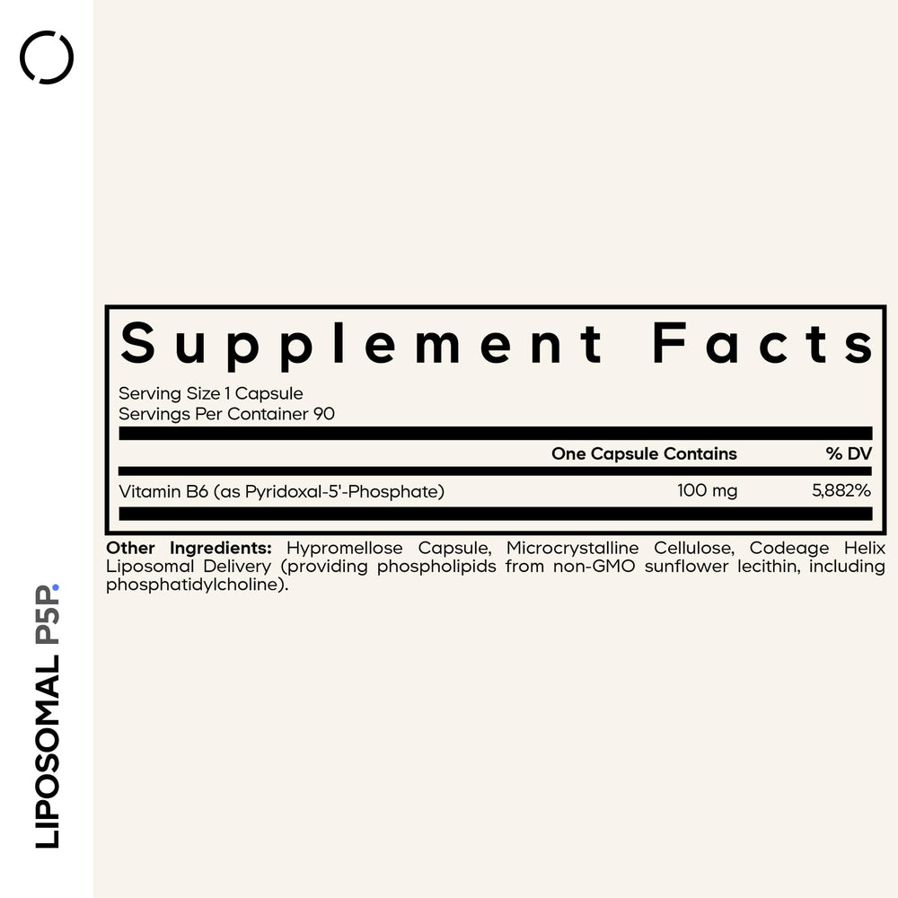 Codeage Liposomal P5P capsule close-up highlights 100 mg P5P per serving.