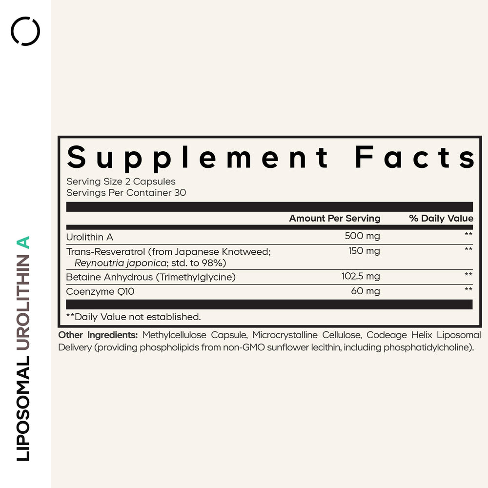 Codeage Liposomal Urolithin A label highlighting vegan and keto-friendly ingredients