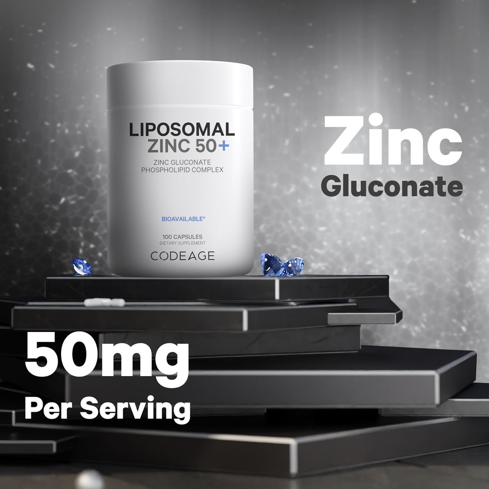 Codeage Liposomal Zinc packaging box shows vegan and non-GMO attributes.