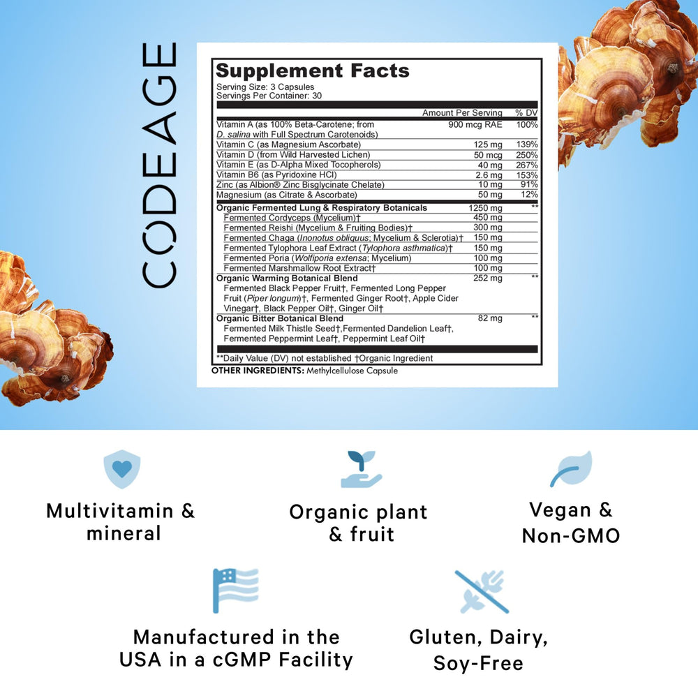Codeage Lungs bottle label highlights ingredients and non-GMO claim.
