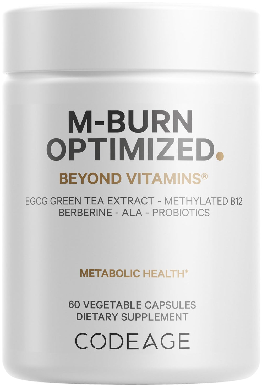 Codeage M-Burn Optimized bottle featuring decaffeinated green tea extract for calm focus.