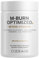 Codeage M-Burn Optimized bottle featuring decaffeinated green tea extract for calm focus.