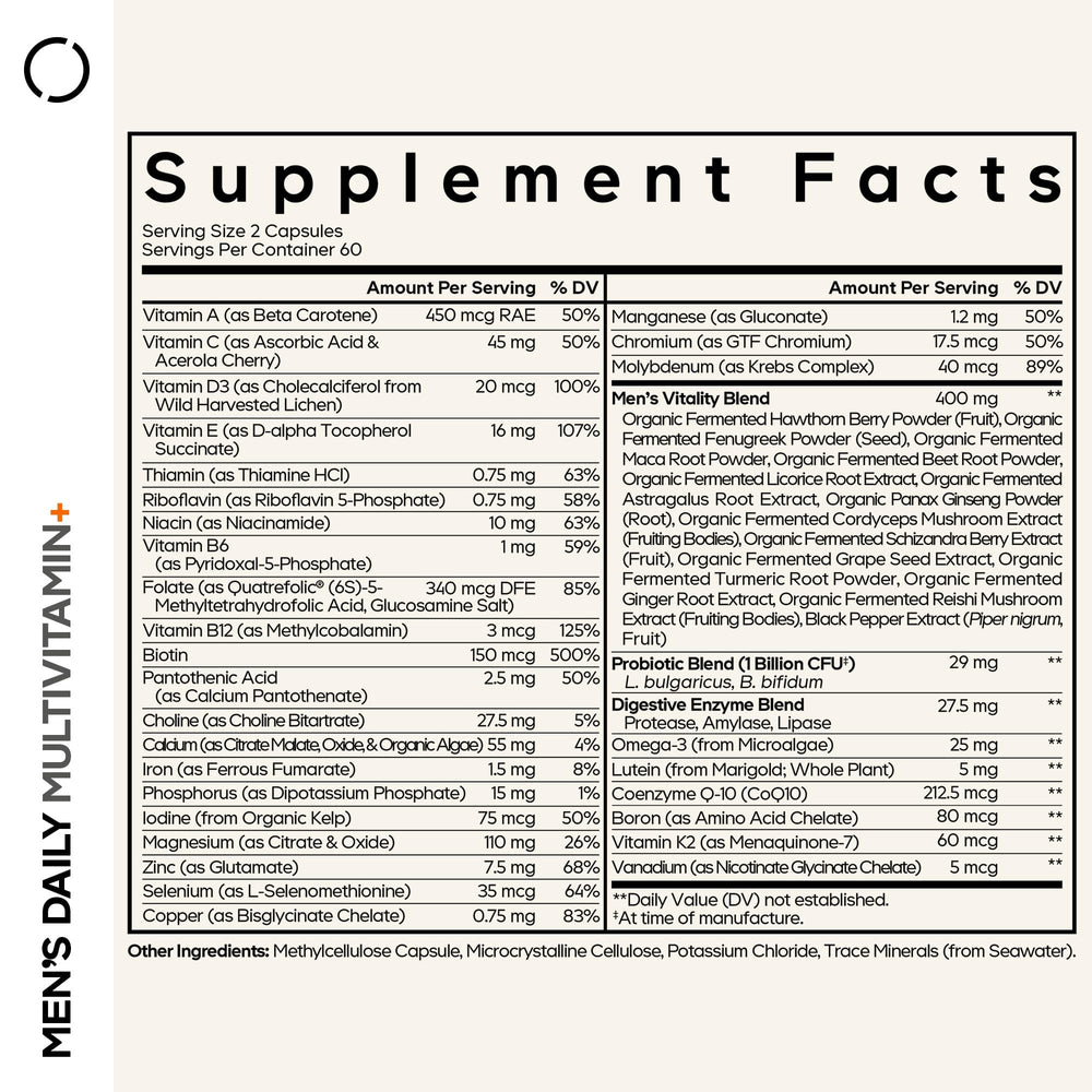 Codeage Men's Daily Multivitamin label closeup highlights ingredients and probiotic blend.