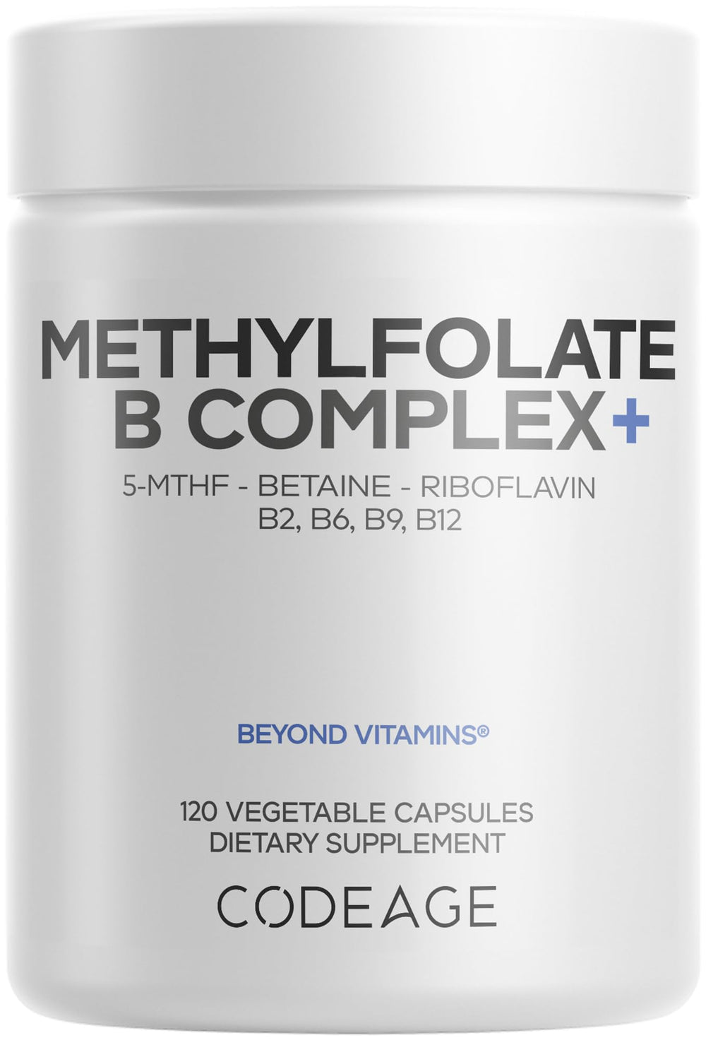 Codeage Methylfolate B Complex bottle front shows vegan formula for daily support.