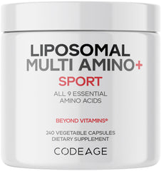 Codeage Multi Amino+ bottle shows essential amino acids for daily protein support.