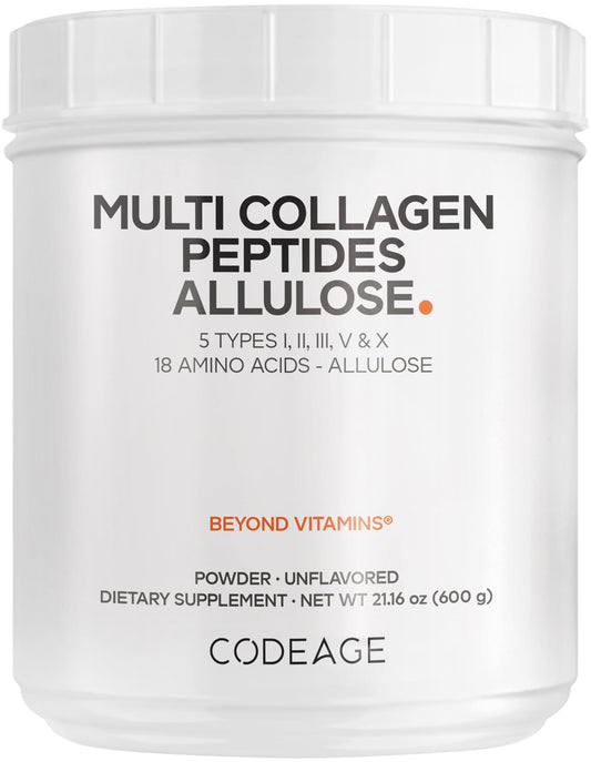 Codeage multi collagen allulose powder tin close-up highlights texture for blending.