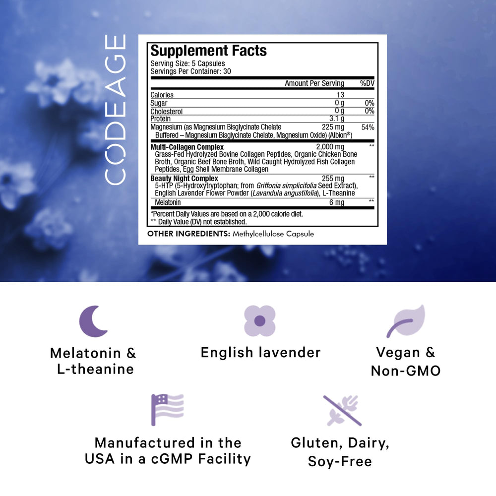 Codeage Beauty Night bottle side panel shows ingredients for nighttime routine.