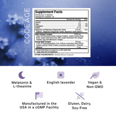 Codeage Beauty Night bottle side panel shows ingredients for nighttime routine.