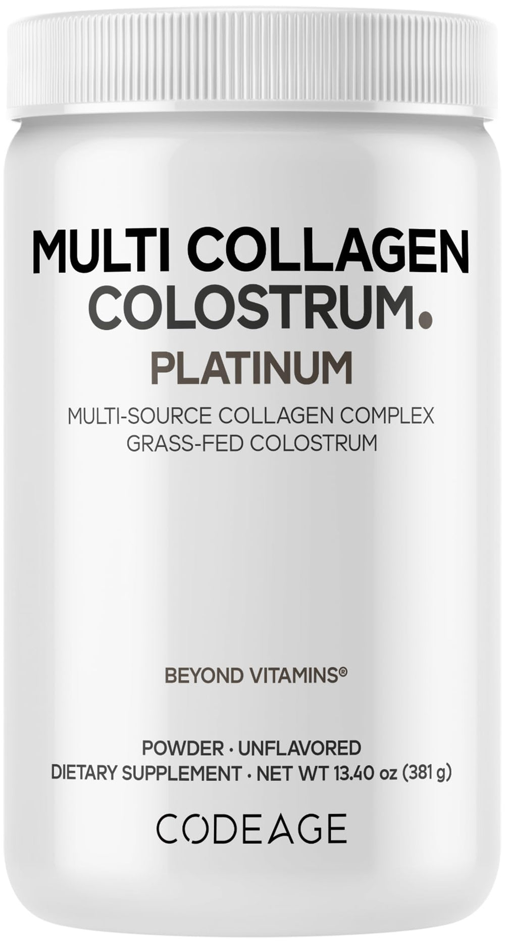 Codeage Multi Collagen Colostrum Platinum bottle on a kitchen counter for daily wellness.