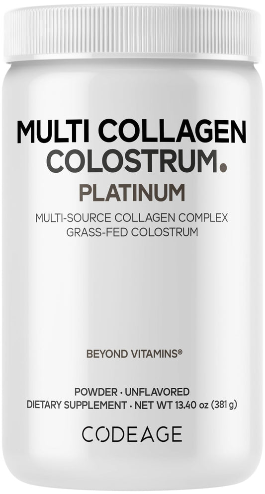 Codeage Multi Collagen Colostrum Platinum bottle on a kitchen counter for daily wellness.