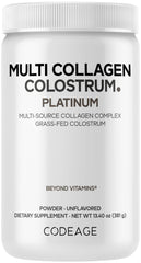 Codeage Multi Collagen Colostrum Platinum bottle on a kitchen counter for daily wellness.