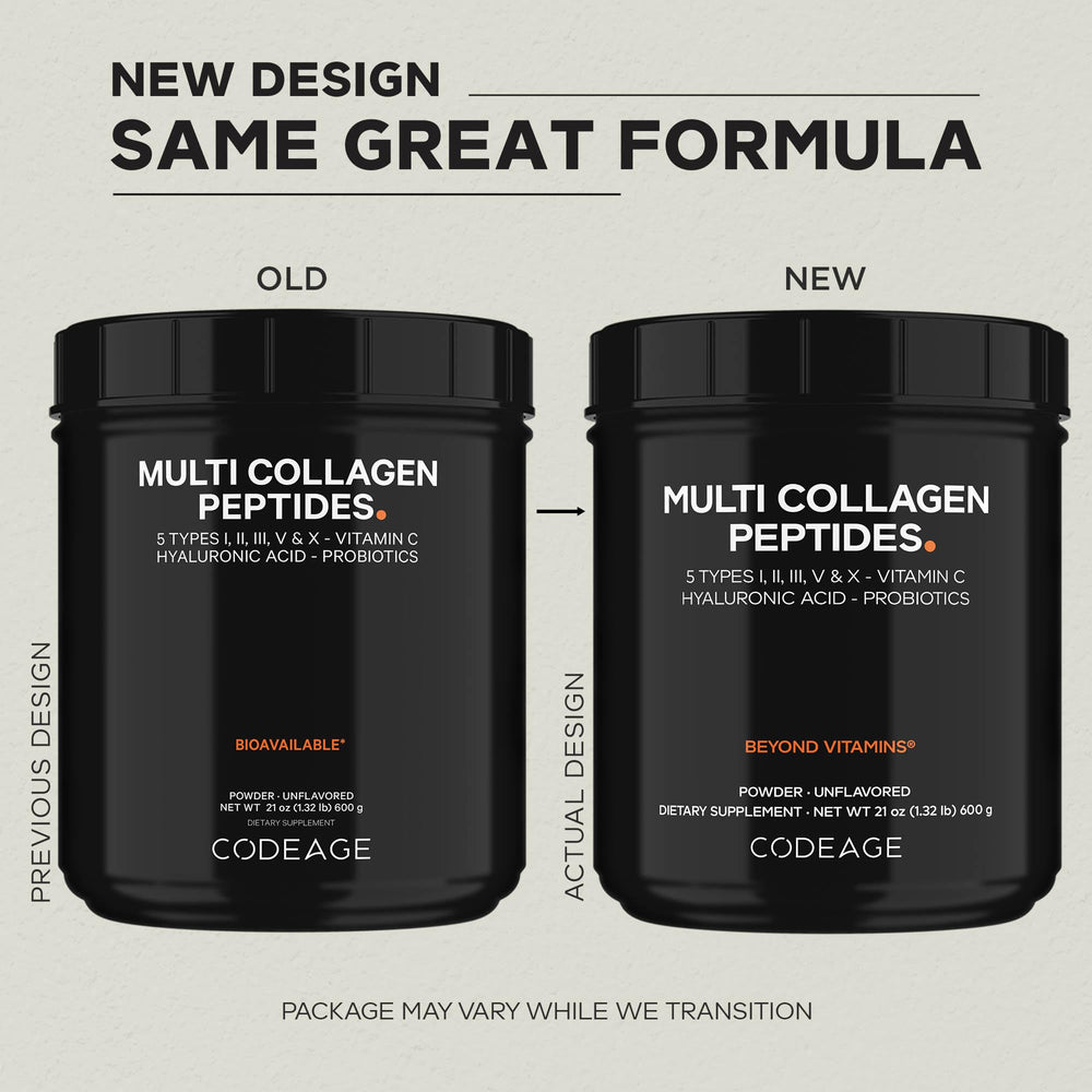 Codeage multi collagen peptides dosage scoop ready to mix in water or smoothie.
