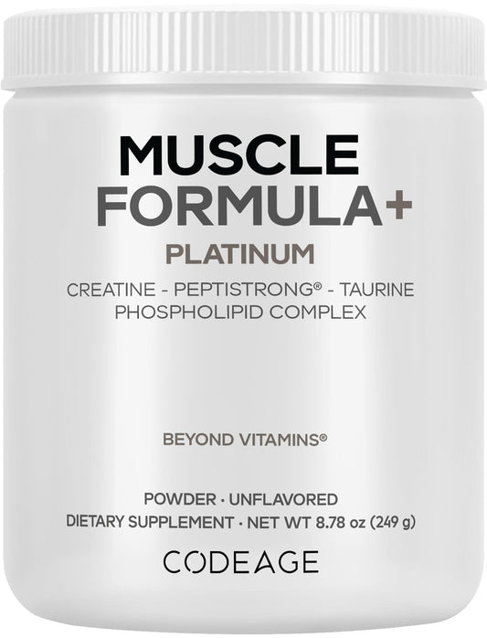 Codeage Muscle Formula+ Platinum bottle with unflavored powder for versatile shakes