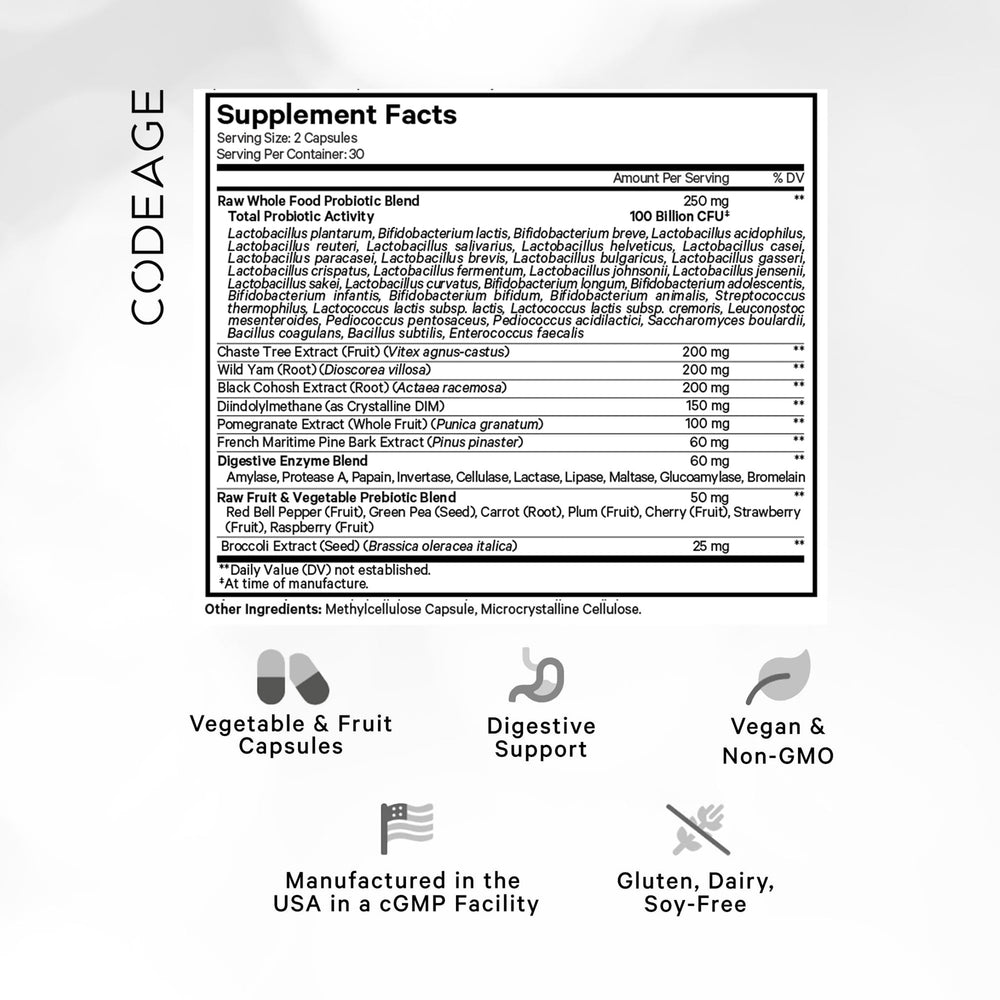 Close-up of Codeage Raw Women's Probiotic capsules for easy daily intake.