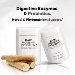 Codeage Raw Women's Probiotic enzyme blend highlights lipase, amylase, protease for digestion.