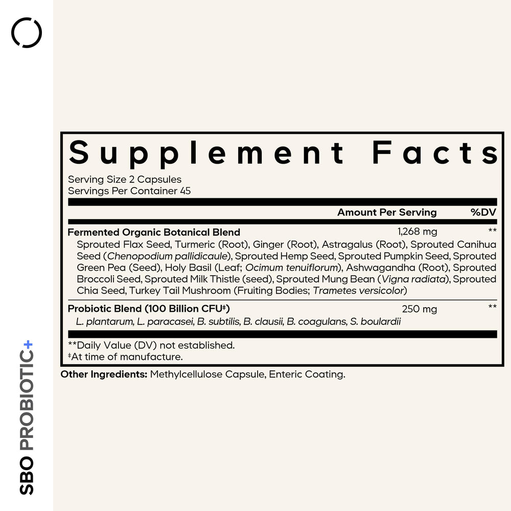 Codeage SBO Probiotic label highlighting 100 Billion CFU per serving